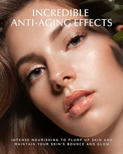 Close-up of a woman with glowing skin and text promoting anti-aging effects.