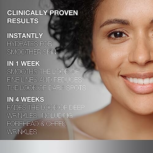 Smiling woman with skincare results text overlay